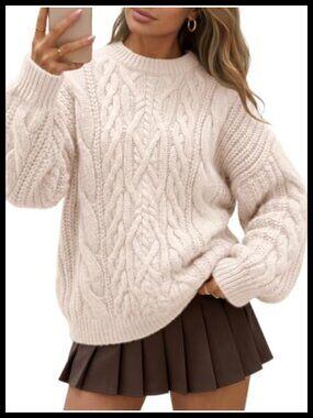 Oversized Chunky Cable Knit Pullover Sweater Cotton Blend Long Sleeve